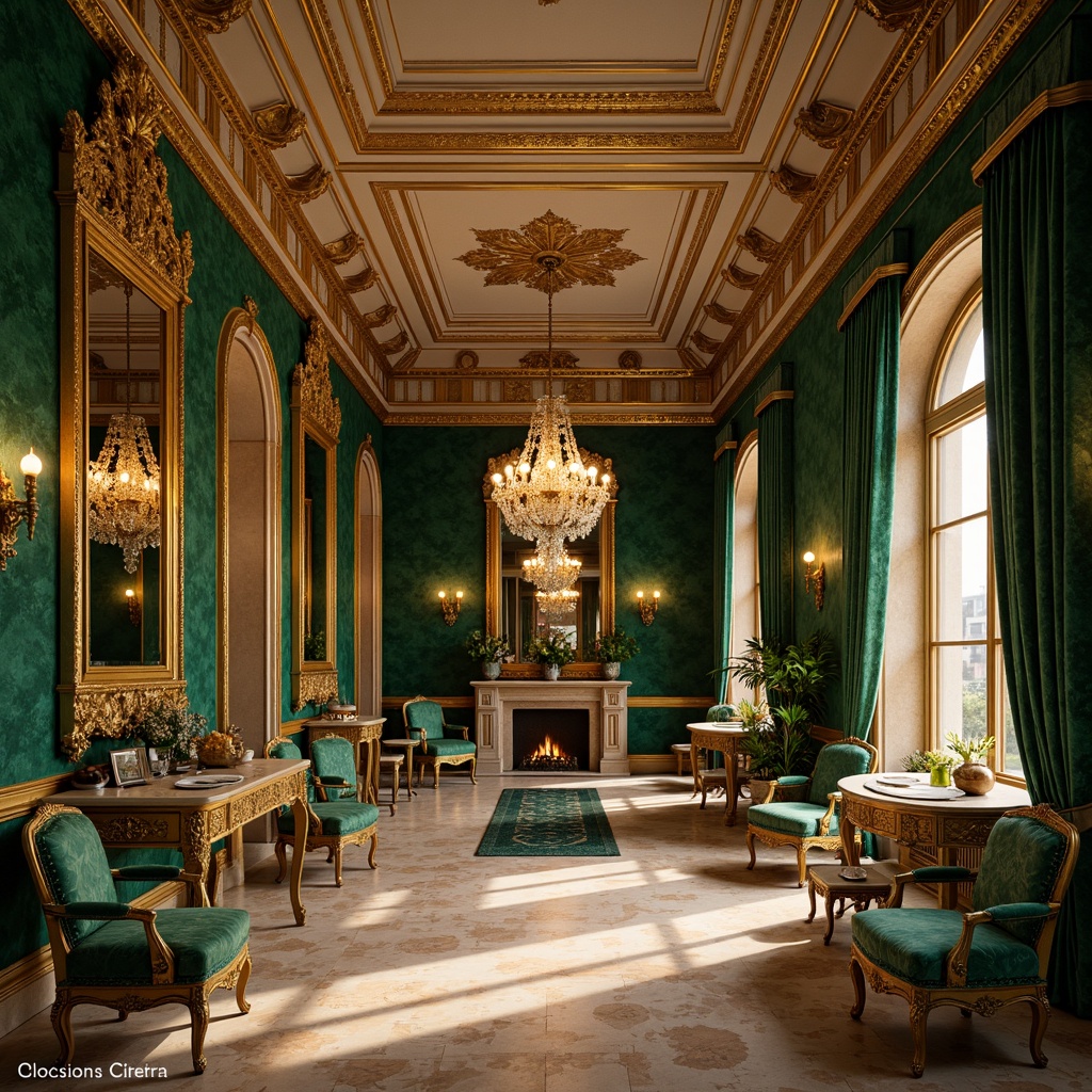 Prompt: Richly ornamented Baroque interior, lavish golden accents, intricate carvings, ornate mirrors, luxurious velvet fabrics, jewel-toned emerald green walls, creamy marble floors, warm beige stucco ceilings, dramatic crystal chandeliers, soft candlelight, intimate atmospheric lighting, 1/2 composition, shallow depth of field, realistic textures, ambient occlusion.