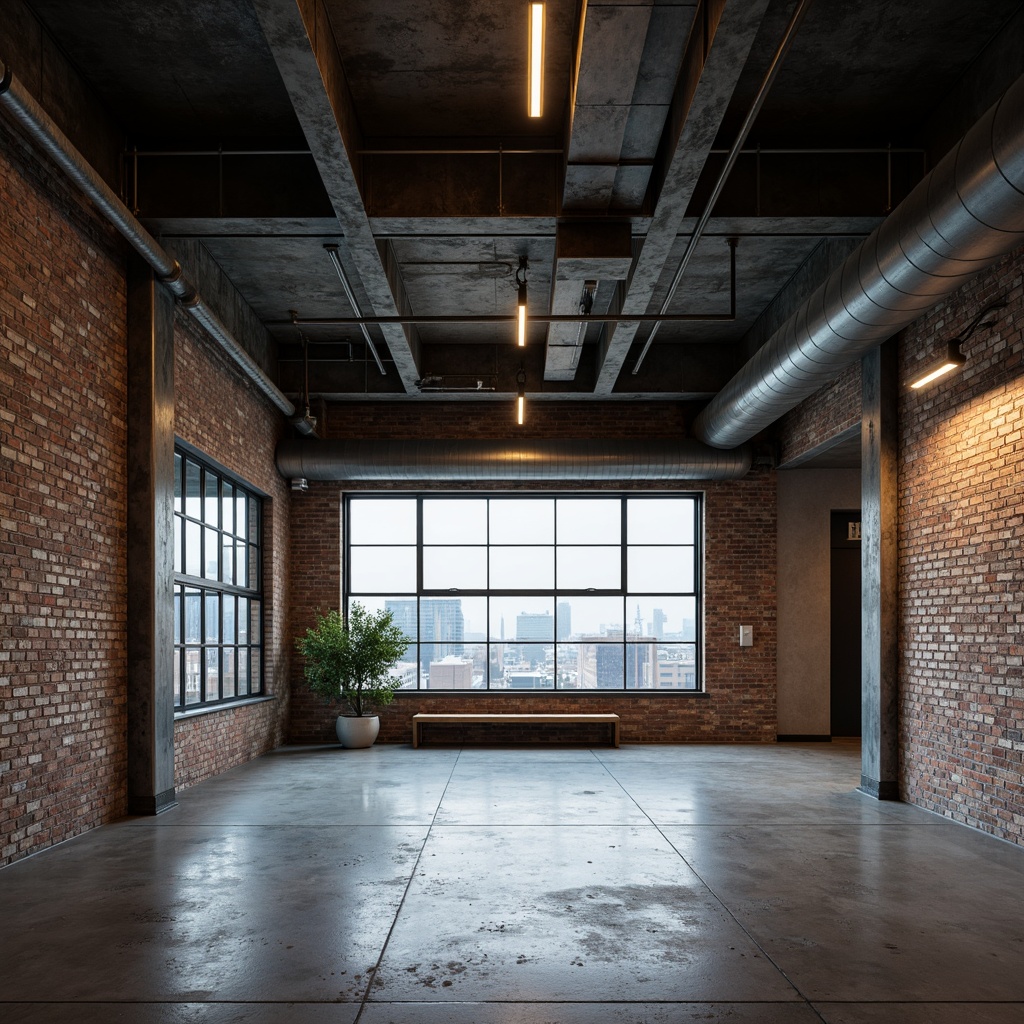 Prompt: Exposed ductwork, concrete floors, industrial lighting fixtures, metal beams, raw brick walls, distressed wood accents, urban cityscape views, converted warehouse spaces, high ceilings, minimal ornamentation, functional simplicity, brutalist architecture, rugged textures, weathered steel surfaces, matte black finishes, reclaimed wood elements, Edison bulb illumination, open floor plans, minimalist decor, functional industrial heritage.