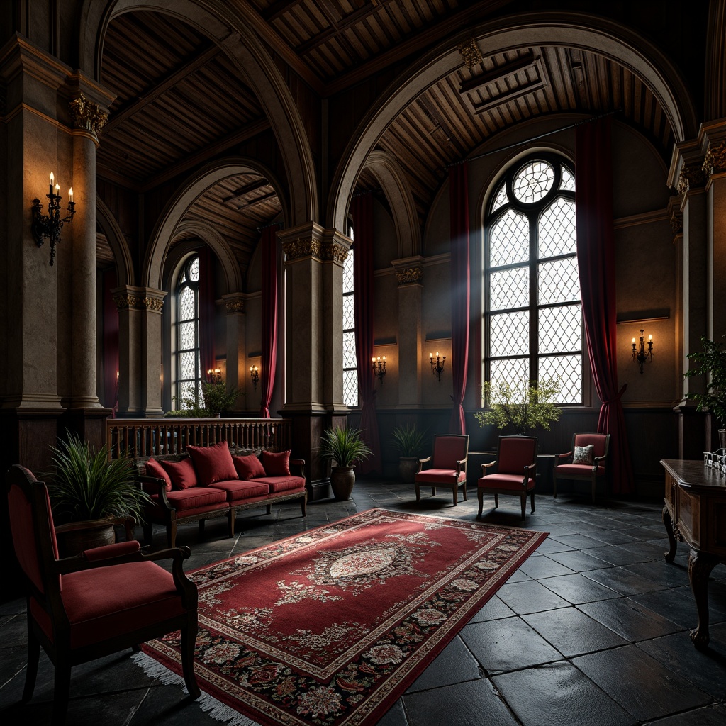 Prompt: Dark wooden parquet flooring, ornate stone tiles, richly patterned rugs, lavish velvet drapes, grand chandeliers, intricate carvings, mysterious ambiance, dim warm lighting, high ceilings, Gothic arches, ribbed vaults, stained glass windows, dramatic shadows, mystical atmosphere, 3/4 composition, cinematic view, realistic textures, ambient occlusion.