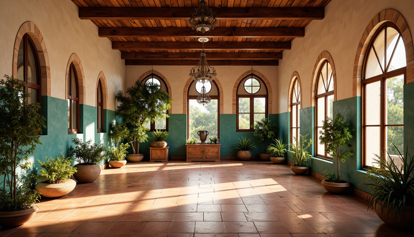 Prompt: Warm Mediterranean-style gymnasium, terracotta flooring, distressed wooden accents, rustic stone walls, arched windows, vaulted ceilings, ornate metalwork, vibrant turquoise hues, natural light pouring in, lush greenery, potted plants, soft warm lighting, shallow depth of field, 3/4 composition, realistic textures, ambient occlusion.