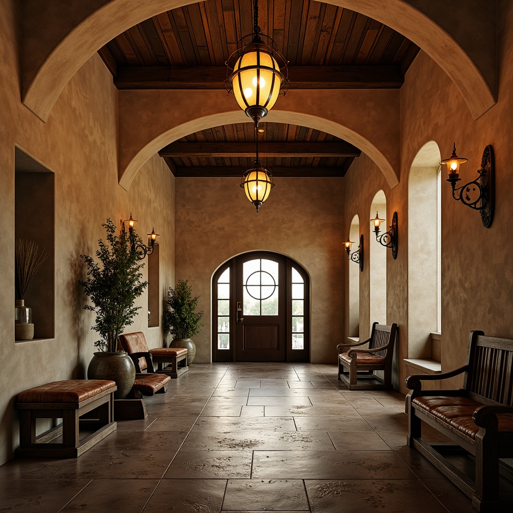 Prompt: Rustic mudroom, renaissance style, warm golden lighting, soft glow lanterns, distressed wood accents, vintage metal fixtures, ornate wooden benches, rich leather textures, natural stone flooring, earthy color palette, warm beige walls, elegant archways, grand chandeliers, pendant lamps, ambient occlusion, high contrast ratio, dramatic shadows, 1/1 composition, realistic reflections.