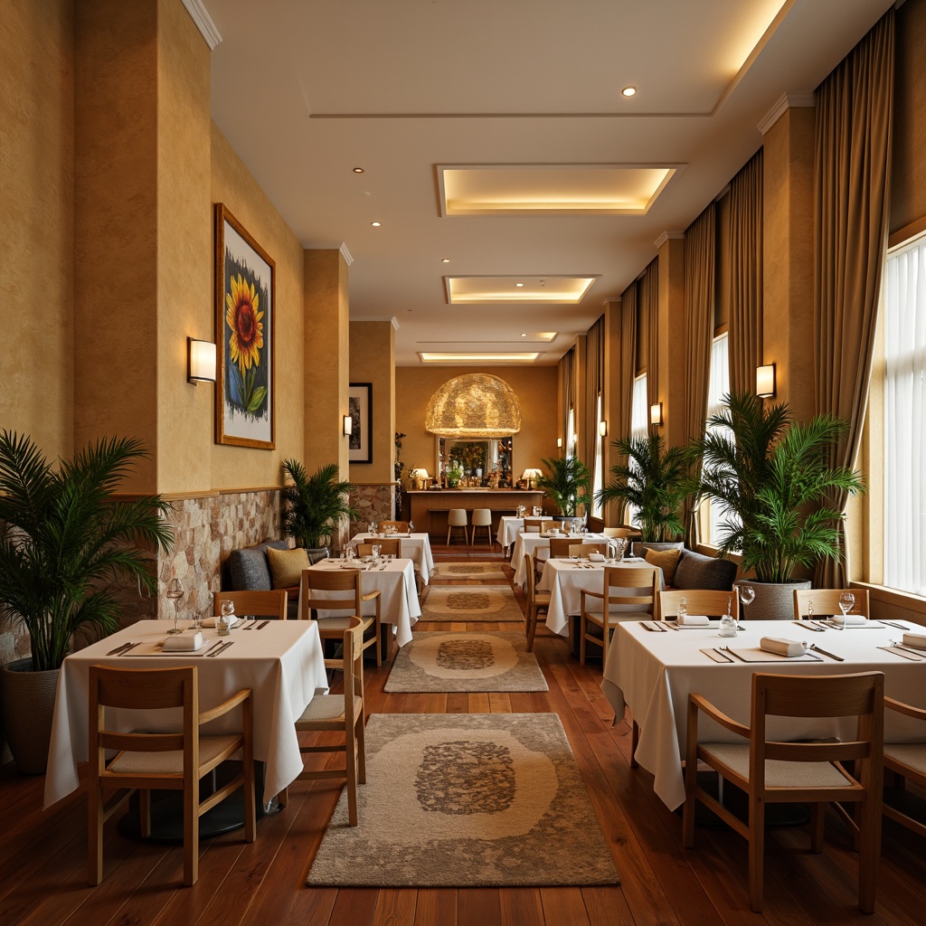 Prompt: Warm dining atmosphere, cozy wooden furniture, earthy tone walls, soft beige curtains, rich brown flooring, vibrant greenery, natural stone accents, creamy white ceilings, warm golden lighting, shallow depth of field, 1/1 composition, realistic textures, ambient occlusion, inviting seating areas, elegant table settings, decorative centerpieces, soothing color harmony.