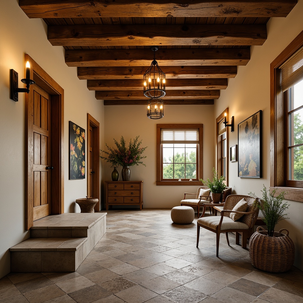 Prompt: Rustic mudroom, earthy tones, natural stone flooring, wooden beams, ornate metal fixtures, warm golden lighting, pendant lanterns, candle chandeliers, softbox lights, ambient glow, cozy atmosphere, vintage-inspired decor, distressed wood furniture, woven baskets, plush textiles, botanical prints, scenic landscapes, autumnal colors, warm beige walls, creamy white trim, elegant archways, decorative corbels.