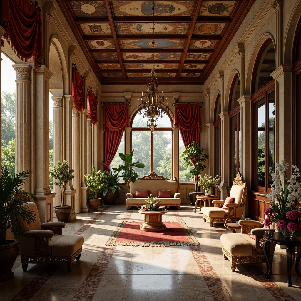 Prompt: Renaissance-style sunroom, ornate wooden columns, intricately carved stone arches, grandiose chandeliers, lavish fresco ceilings, opulent velvet drapes, regal throne-like furniture, richly patterned marble floors, warm golden lighting, soft focus, shallow depth of field, 1/2 composition, symmetrical framing, realistic textures, ambient occlusion.