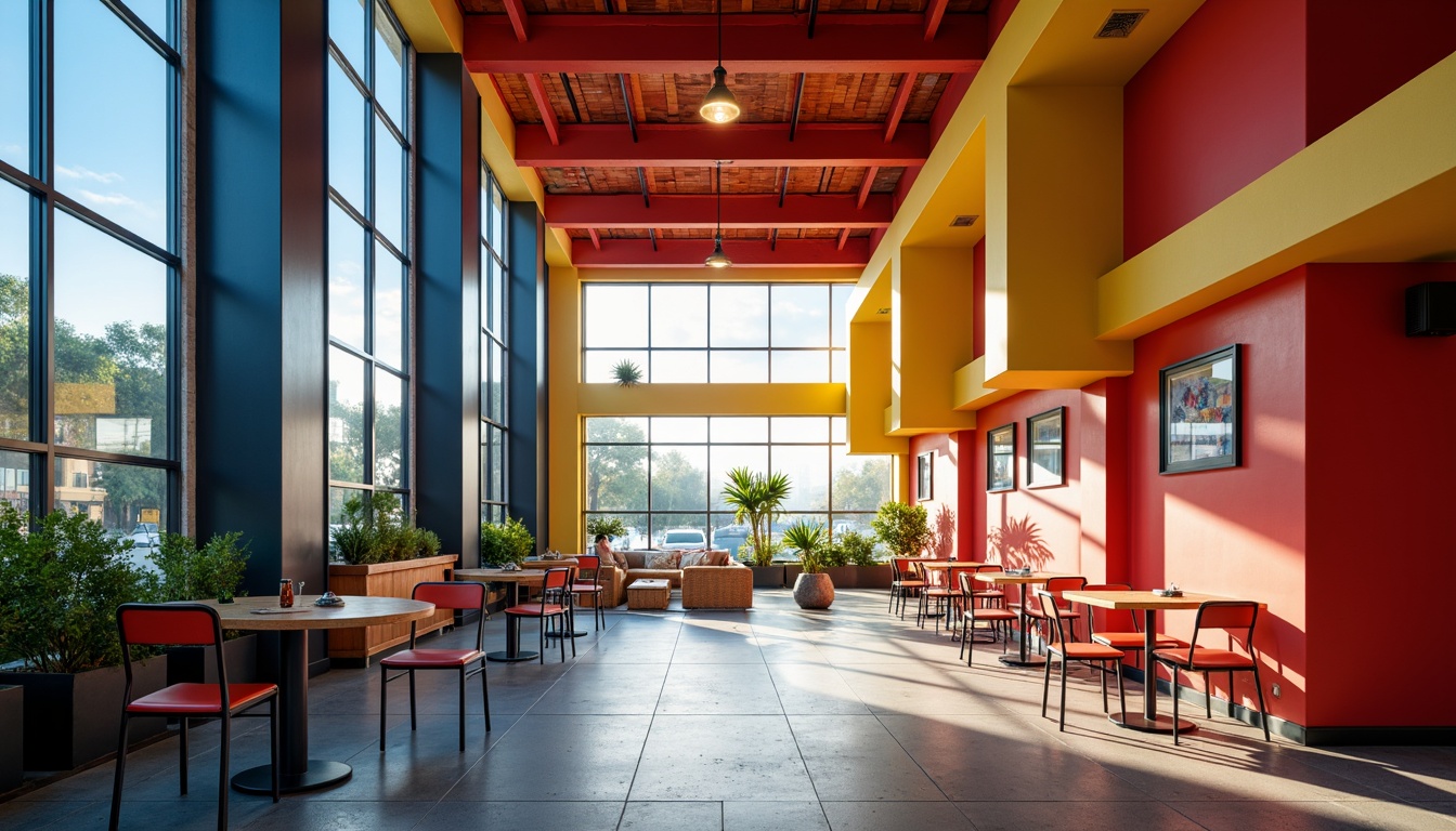 Prompt: Vibrant dining hall, bold geometric shapes, primary color palette, bright red accents, deep blue walls, warm yellow lighting, industrial metal chairs, wooden tables, minimalist decor, functional design, open floor plan, high ceilings, large windows, natural light pouring in, afternoon sunbeams, shallow depth of field, 1/1 composition, realistic textures, ambient occlusion.