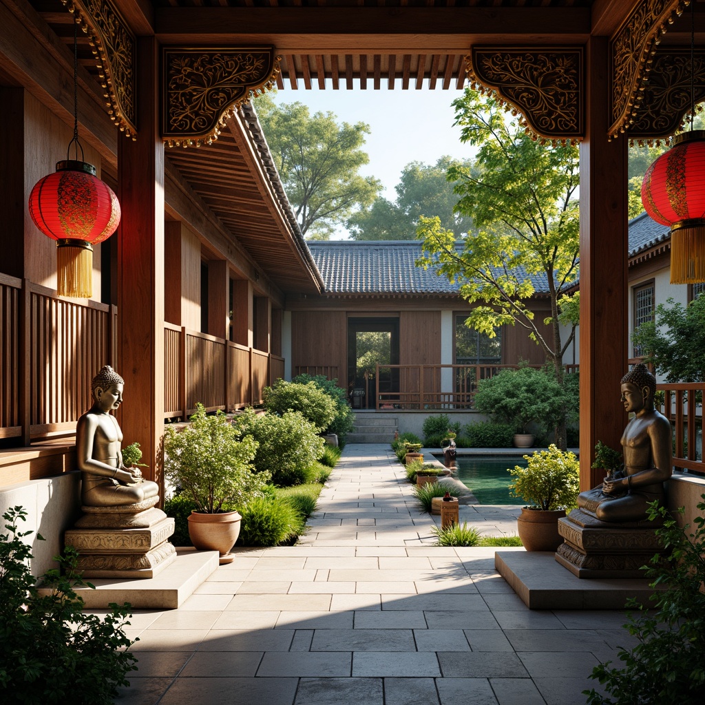 Prompt: \Intricate wooden carvings, ornate gold accents, vibrant red lanterns, traditional Asian roof tiles, serene Buddha statues, tranquil water features, lush greenery, peaceful garden courtyards, natural stone pathways, cultural symbolic motifs, warm soft lighting, shallow depth of field, 3/4 composition, panoramic view, realistic textures, ambient occlusion.\