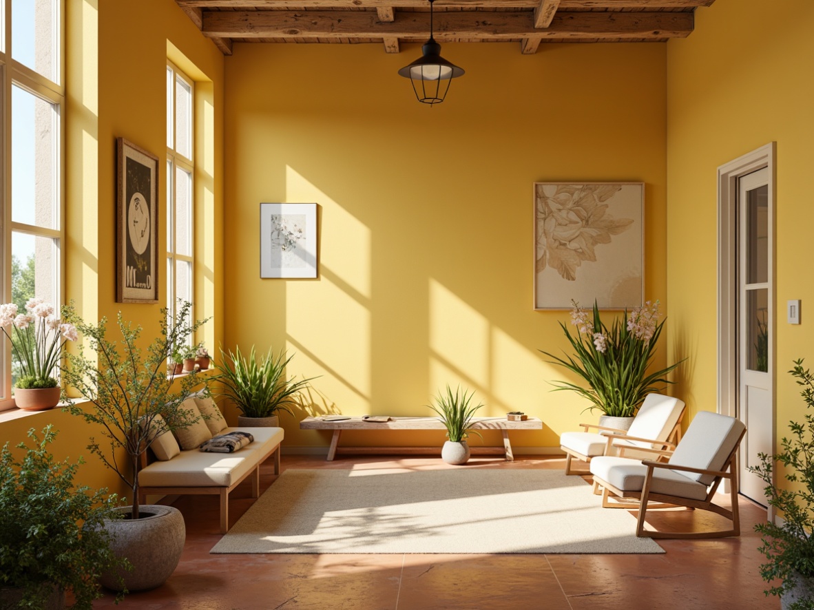 Prompt: Vibrant light yellow walls, warm sunny atmosphere, soft natural lighting, gentle shadows, rustic wooden accents, earthy terracotta floors, lush greenery, blooming wildflowers, airy open spaces, minimal modern furniture, sleek metal frames, creamy white trim, subtle beige textures, abstract geometric patterns, delicate watercolor illustrations, whimsical hand-drawn typography, relaxed casual mood, soft focus, shallow depth of field, 1/2 composition.