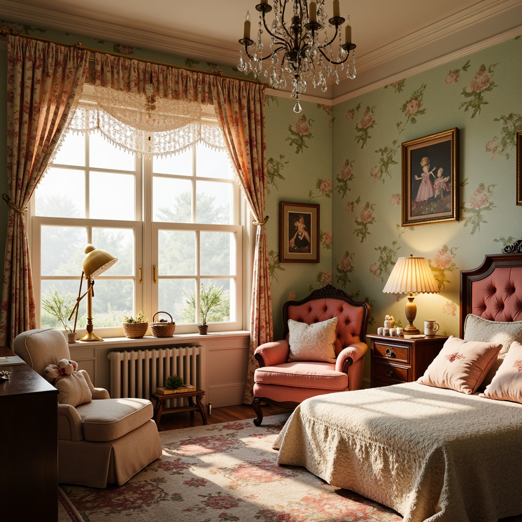 Prompt: Whimsical children's bedroom, ornate furniture, plush toys, floral wallpaper, soft pastel colors, delicate lace curtains, vintage wooden desk, antique lamp posts, crystal chandelier, warm golden lighting, table lamps with frilly shades, floor lamps with intricate metalwork, cozy reading nook, stuffed animals, fantasy-inspired wall art, ornamental picture frames, rich velvet fabrics, tufted upholstery, afternoon sunlight, 1/1 composition, realistic textures, subtle ambient occlusion.