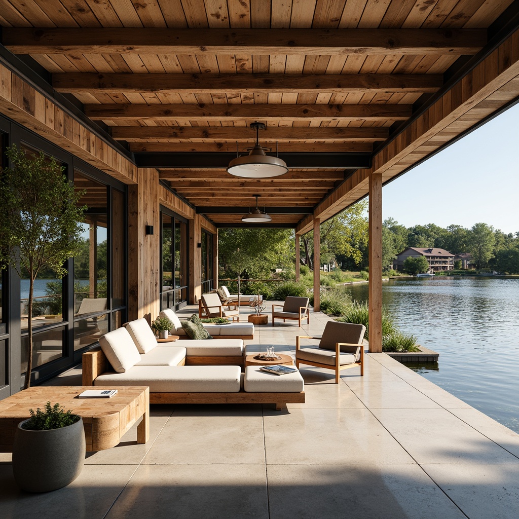 Prompt: Rustic boathouse, industrial chic decor, open floor plan, minimalist layout, natural wood accents, reclaimed wood ceilings, polished concrete floors, industrial metal beams, large windows, sliding glass doors, waterfront views, serene lake surroundings, lush greenery, warm sunny day, soft diffused lighting, shallow depth of field, 1/1 composition, realistic textures, ambient occlusion.