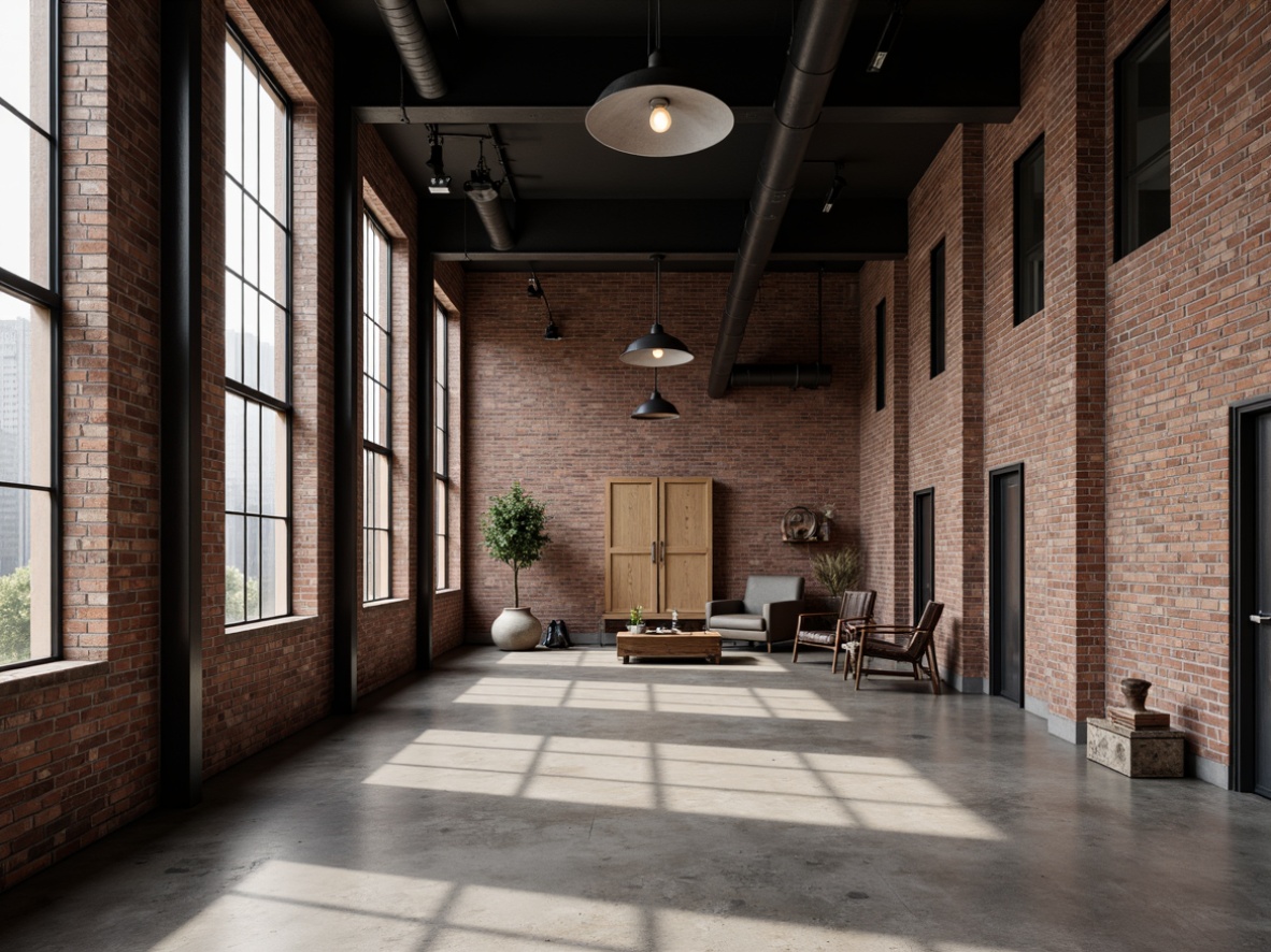 Prompt: Exposed brick walls, metal beams, industrial-chic decor, functional lighting fixtures, sleek metal shades, Edison bulbs, pendant lamps, minimalist design, urban loft atmosphere, concrete floors, reclaimed wood accents, steel windows, modern industrial architecture, high ceilings, neutral color palette, dramatic shadowing, warm ambient glow, low-key backlighting, 1/1 composition, realistic textures.