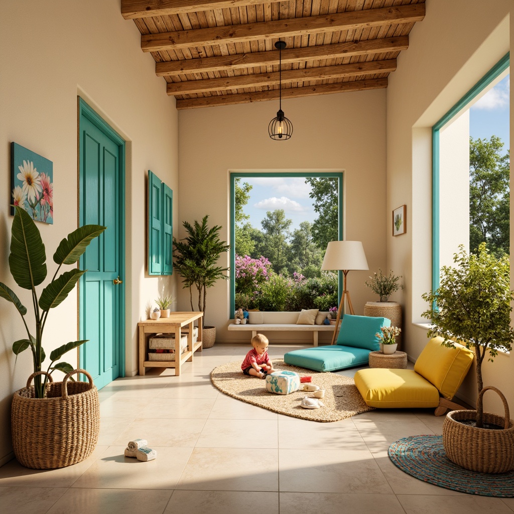 Prompt: Vibrant kindergarten, Mediterranean style, warm beige walls, bright turquoise accents, soft cream ceilings, playful yellow furniture, ocean-inspired blue hues, cheerful coral patterns, whimsical shell decorations, natural wood textures, sunny windows, lush greenery views, blooming flowers, gentle sea breeze, shallow depth of field, 1/2 composition, warm soft lighting, realistic fabrics, ambient occlusion.