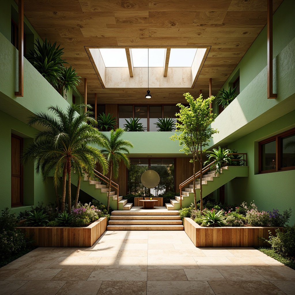 Prompt: Tropical courthouse, lush green walls, exotic palm trees, natural stone floors, wooden accents, vaulted ceilings, grand staircases, clerestory windows, warm beige tones, soft diffused lighting, dappled shade, 1/2 composition, atmospheric perspective, realistic textures, ambient occlusion.