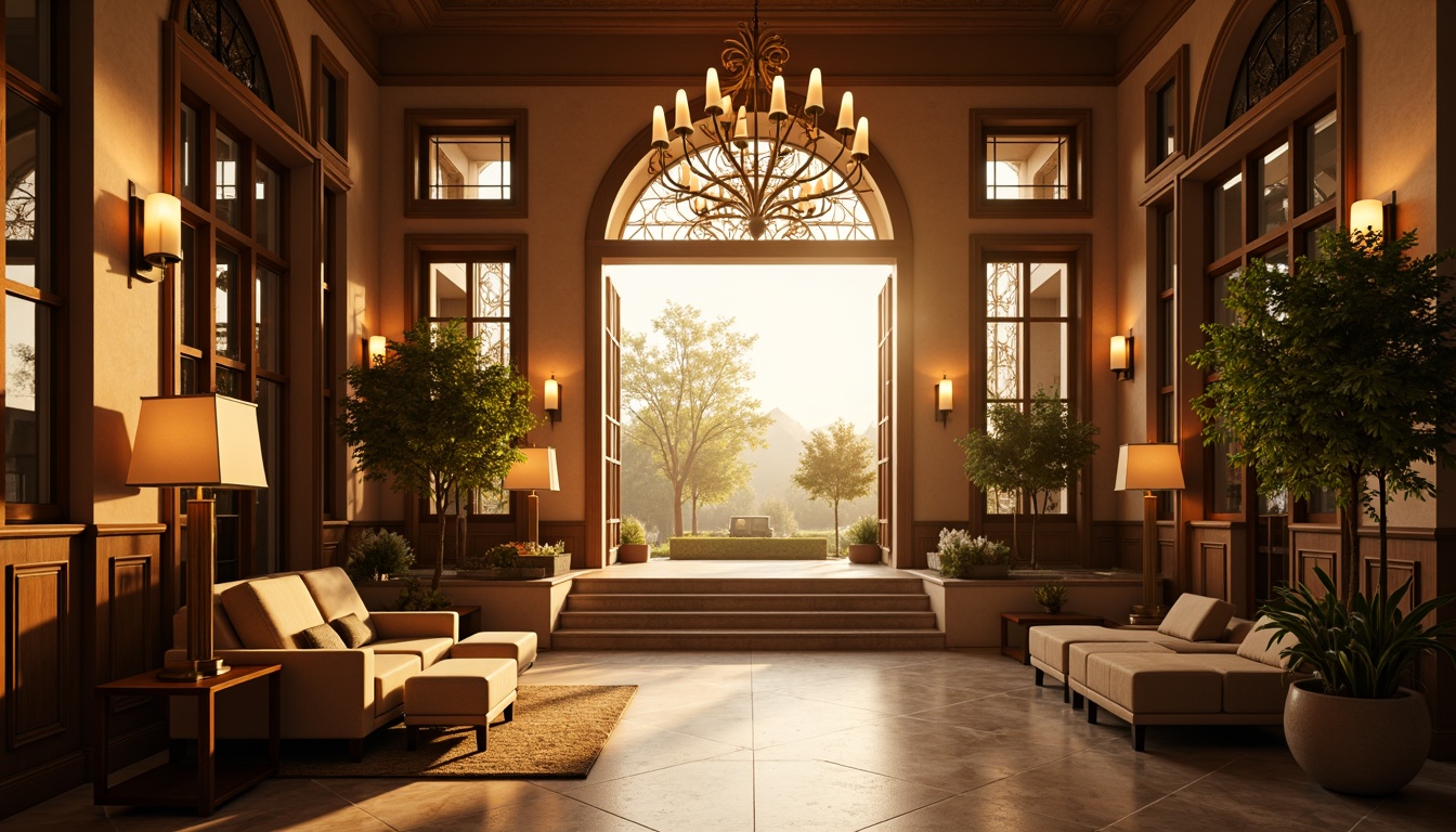 Prompt: Cozy hotel lobby, warm ambient lighting, soft golden hues, elegant chandeliers, modern sconces, floor lamps, plush sofas, rich wood accents, marble floors, lavish greenery, tranquil atmosphere, relaxed vibe, morning sunlight, gentle shadows, 1/2 composition, shallow depth of field, cinematic mood, warm color palette.