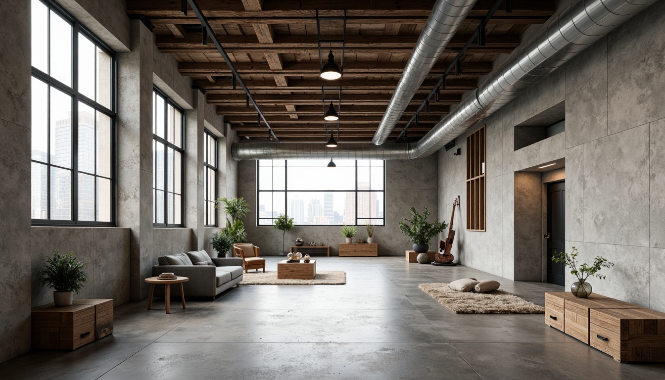 Prompt: Exposed ductwork, polished concrete floors, raw industrial materials, distressed wood accents, metal beams, urban cityscape views, converted warehouse spaces, minimalist decor, functional lighting fixtures, brutalist architectural style, poured concrete walls, steel frame windows, reclaimed wood furniture, industrial chic aesthetic, natural light pouring in, high ceiling clearance, open space layout, 1/1 composition, softbox lighting, realistic textures.