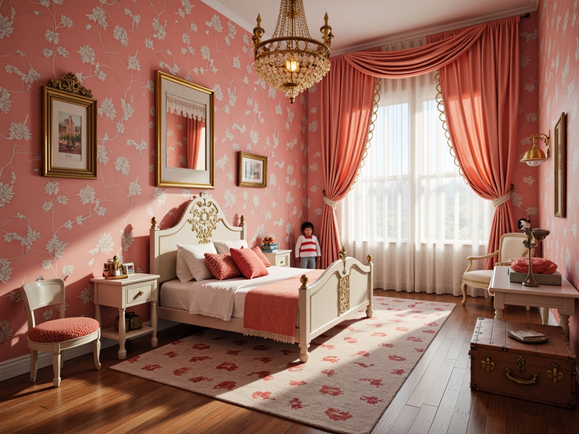 Prompt: Whimsical kids' bedroom, richly patterned wallpaper, bright coral pink walls, creamy white furniture, ornate golden frames, plush velvet fabrics, soft warm lighting, intricate floral motifs, delicate lace curtains, vintage toys, antique trunks, colorful rugs, lively polka dots, playful stripes, 1/1 composition, shallow depth of field, realistic textures.