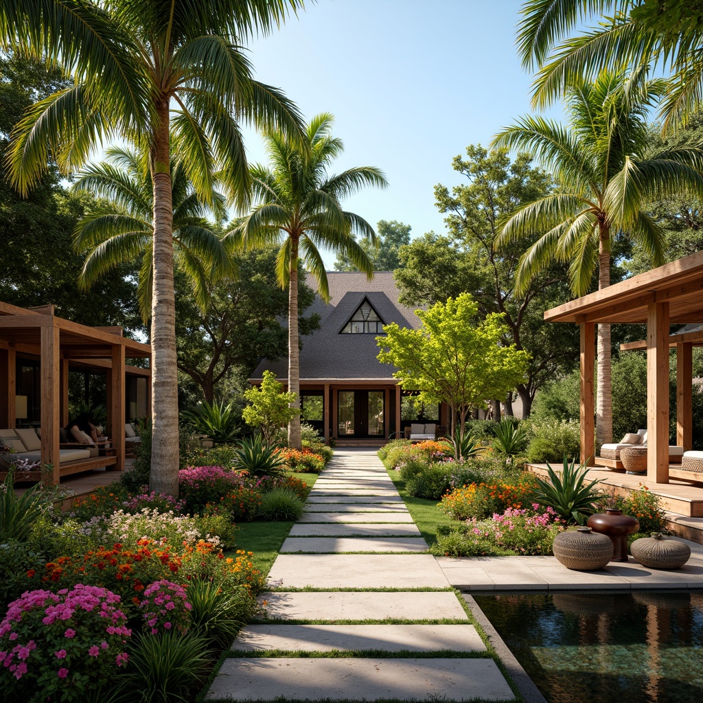 Prompt: Vibrant tropical flowers, lush greenery, exotic palm trees, colorful tiki torches, rustic wooden decks, natural stone pathways, tranquil water features, serene koi ponds, warm sunny day, soft diffused lighting, shallow depth of field, 3/4 composition, intimate framing, realistic textures, ambient occlusion, Polynesian-inspired patterns, intricate island motifs, woven rattan furniture, natural fiber textiles.