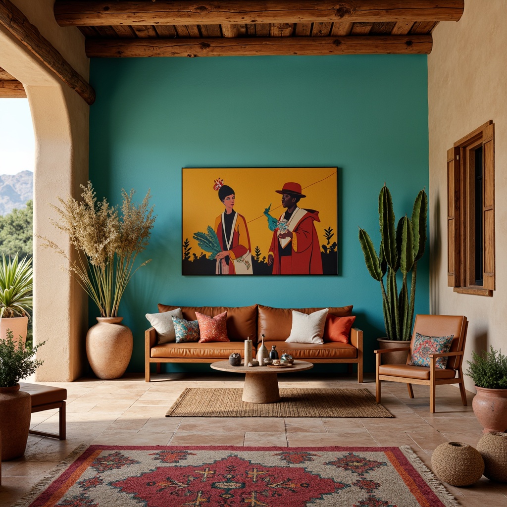 Prompt: Vibrant turquoise walls, warm beige stucco, rustic wooden accents, woven textiles, patterned rugs, earthy terracotta pots, desert-inspired botanicals, soft candlelight, natural adobe architecture, arid landscape views, bold geometric patterns, colorful Navajo prints, distressed leather furniture, copper metal decor, warm sandstone flooring, rich turquoise jewelry displays, traditional Pueblo pottery, sunny afternoon lighting, shallow depth of field, 2/3 composition, rustic wooden shutters.