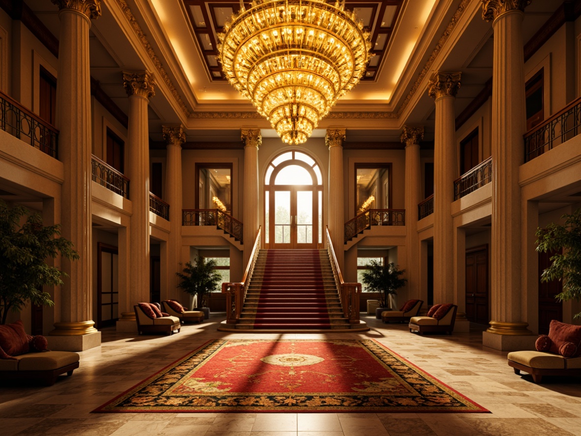 Prompt: Grand entrance, opulent chandelier, warm golden lighting, luxurious marble floors, ornate wooden doors, lavish furnishings, vibrant colorful rugs, stately columns, majestic staircase, soft warm glow, dramatic shadows, high contrast ratio, cinematic composition, realistic reflections, ambient occlusion.