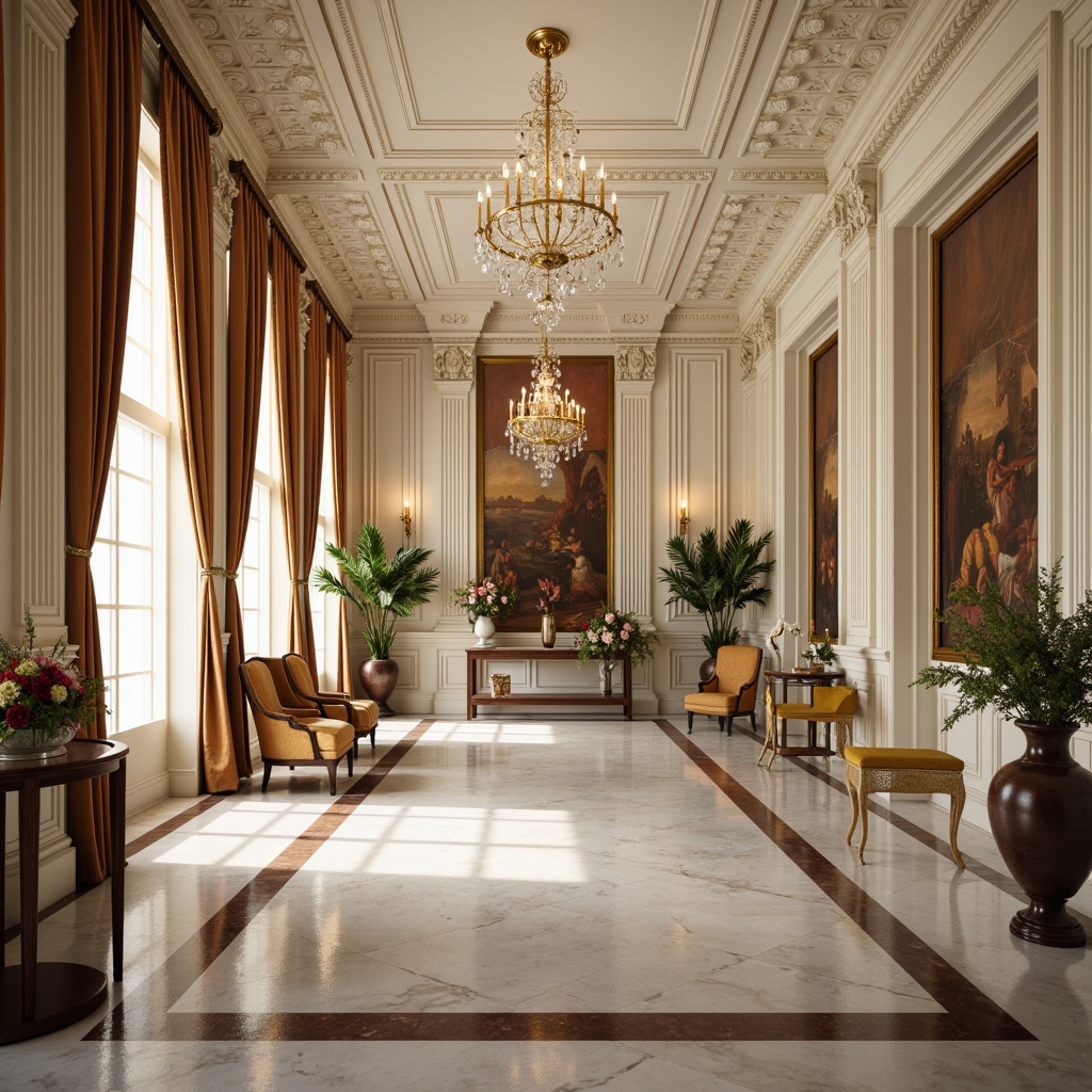 Prompt: Elegant neoclassical interior, ornate moldings, intricate carvings, subtle gold accents, soft cream hues, rich walnut paneling, refined marble flooring, opulent crystal chandeliers, delicate lace curtains, luxurious velvet upholstery, stately columns, ornamental archways, warm beige tones, sophisticated wall mirrors, classic oil paintings, dramatic floor-to-ceiling drapery, lavish flower arrangements, ambient soft lighting, shallow depth of field, 3/4 composition, realistic textures, subtle ambient occlusion.