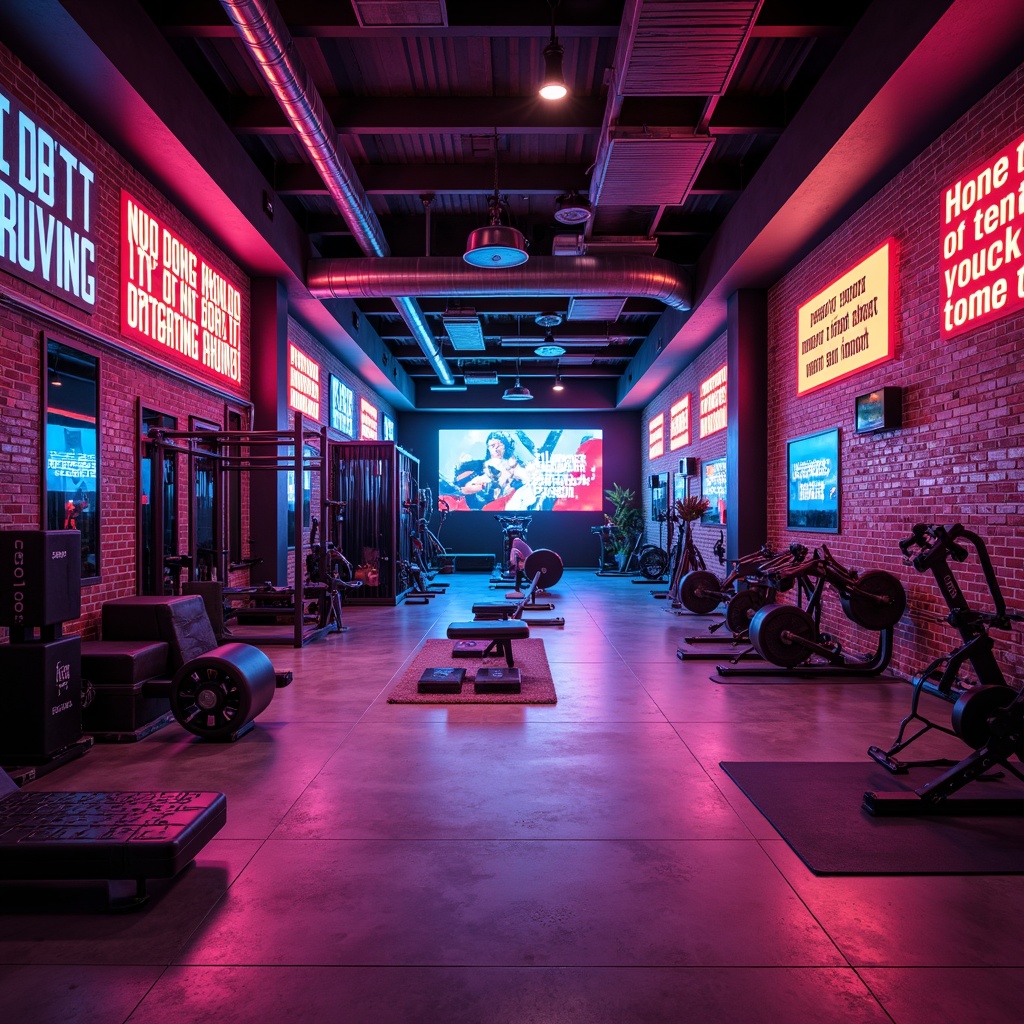 Prompt: Vibrant home gym, bold color scheme, energizing atmosphere, motivational quotes, sleek fitness equipment, modern industrial design, exposed brick walls, polished concrete floors, metallic accents, neon signs, intense spotlights, high-contrast colors, dynamic shadows, 3D textures, realistic reflections, cinematic lighting, dramatic composition.