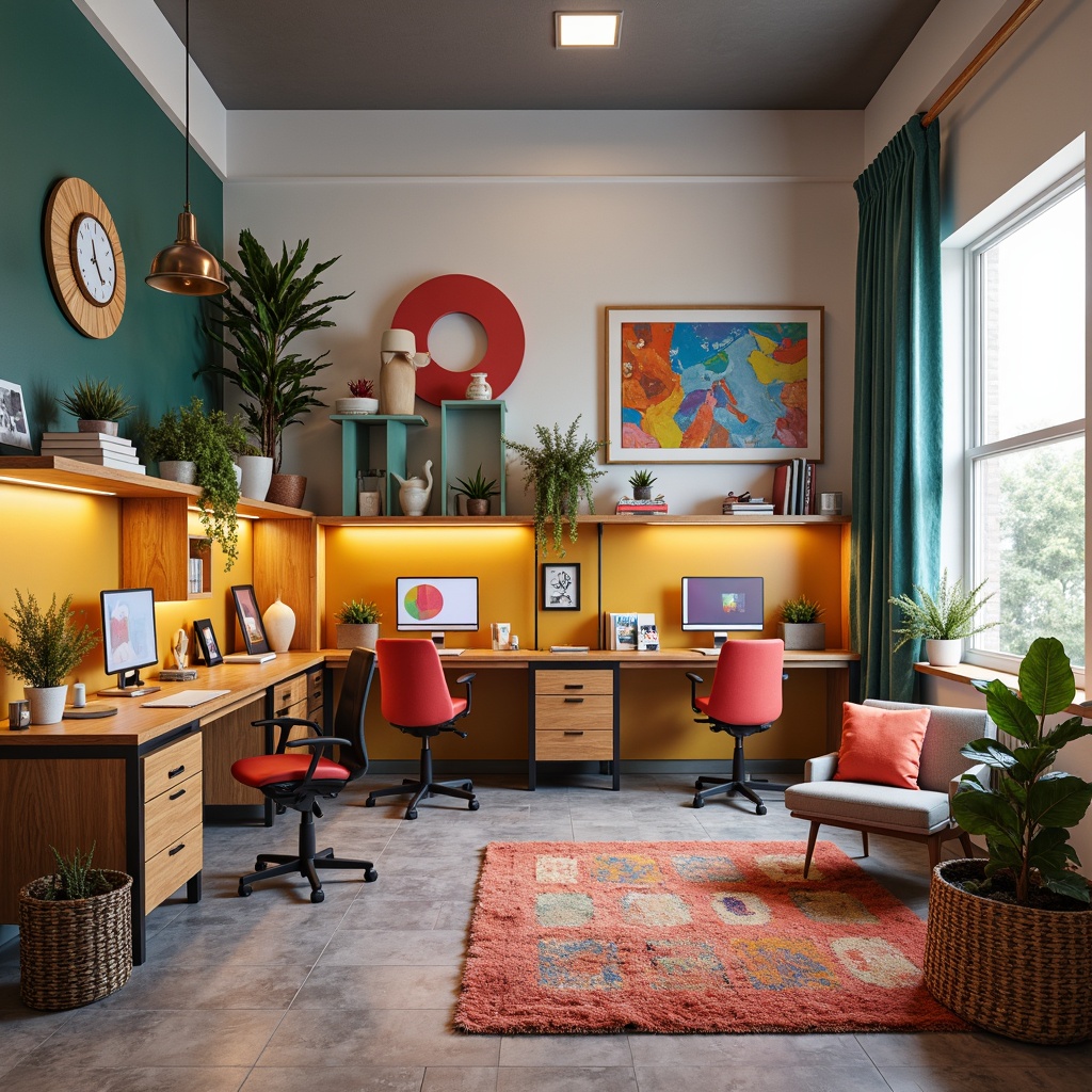 Prompt: Vibrant dorm room, bold color accents, pastel hues, minimalist furniture, sleek metal frames, reclaimed wood decor, industrial chic lighting, geometric patterns, abstract artwork, cozy textiles, plush rugs, modern desks, ergonomic chairs, ample natural light, soft warm glow, shallow depth of field, 1/1 composition, realistic textures.