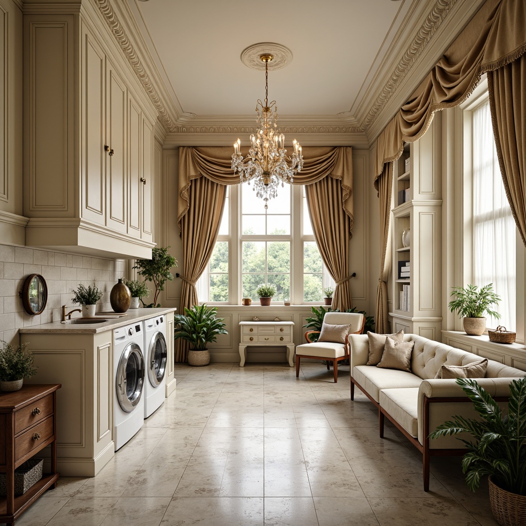 Prompt: Opulent laundry room, ornate furnishings, soft creamy colors, delicate florals, intricate moldings, crystal chandeliers, gilded metal accents, plush velvet fabrics, distressed wood cabinetry, antique bronze fixtures, warm ambient lighting, layered window treatments, sheer curtains, elegant cove ceilings, subtle texture overlays, shallow depth of field, 1/1 composition, realistic reflections, softbox lighting.