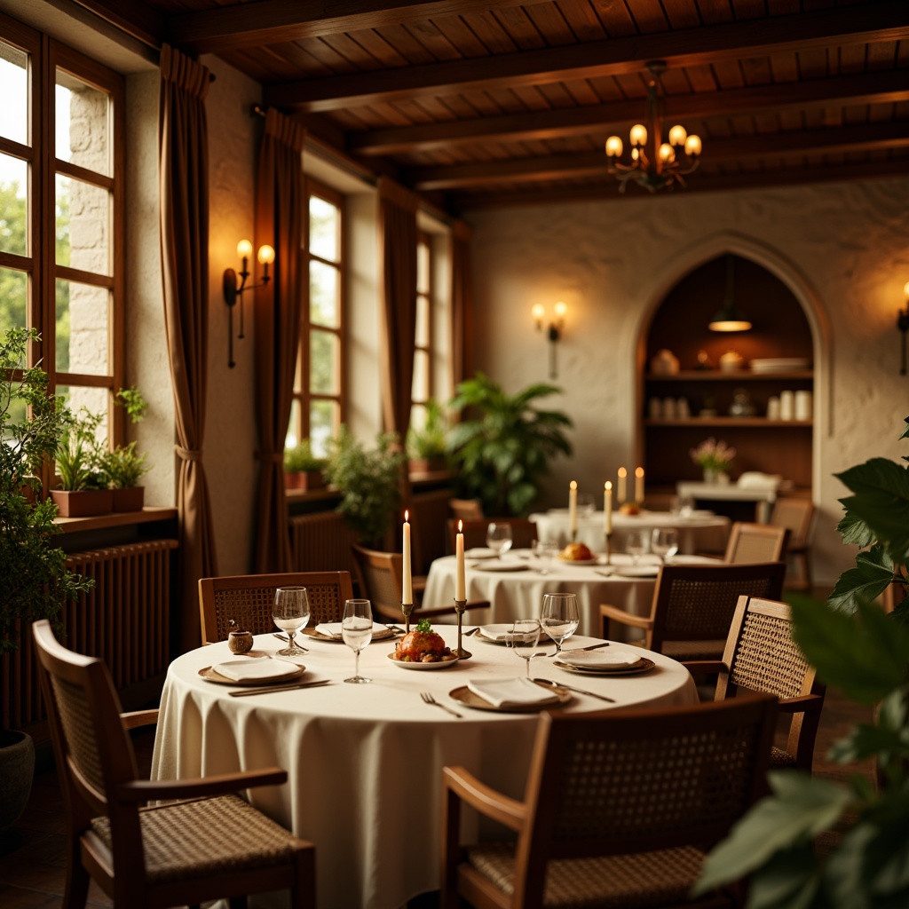 Prompt: Warm dining atmosphere, rich wood tones, earthy brown furniture, soft beige curtains, calming greenery, natural stone walls, creamy white tablecloths, elegant candlelight, warm golden lighting, shallow depth of field, 2/3 composition, intimate setting, realistic textures, ambient occlusion.