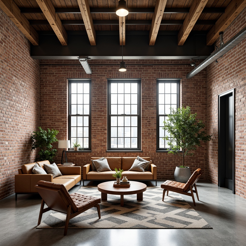 Prompt: Exposed brick walls, polished concrete floors, industrial metal beams, reclaimed wood accents, vintage factory windows, minimalist decor, mid-century modern furniture, sleek low-profile sofas, tufted leather armchairs, wooden coffee tables, geometric patterned rugs, pendant lighting fixtures, matte black metal frames, warm neutral color palette, abundant natural light, 3/4 composition, shallow depth of field, soft warm lighting, realistic textures.