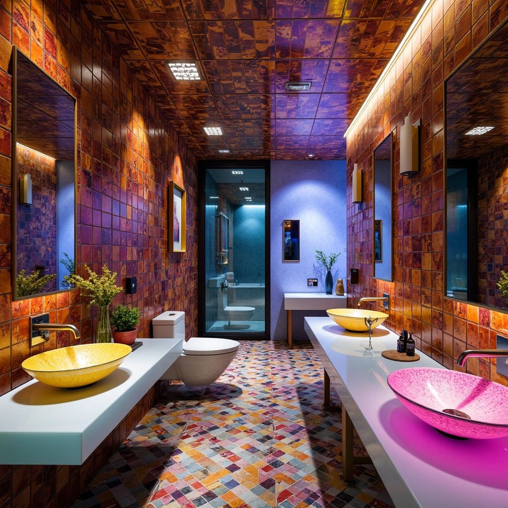 Prompt: Vibrant bathroom interior, postmodern aesthetic, colored glass accents, iridescent mosaic tiles, geometric patterns, angular shapes, bold color schemes, sleek metal fixtures, minimalist sink designs, wall-mounted toilets, LED lighting, frosted glass shower doors, textured glass countertops, rainbow-hued glass sinks, abstract art pieces, futuristic ambiance, high-contrast color palette, 1/2 composition, shallow depth of field, soft warm lighting.