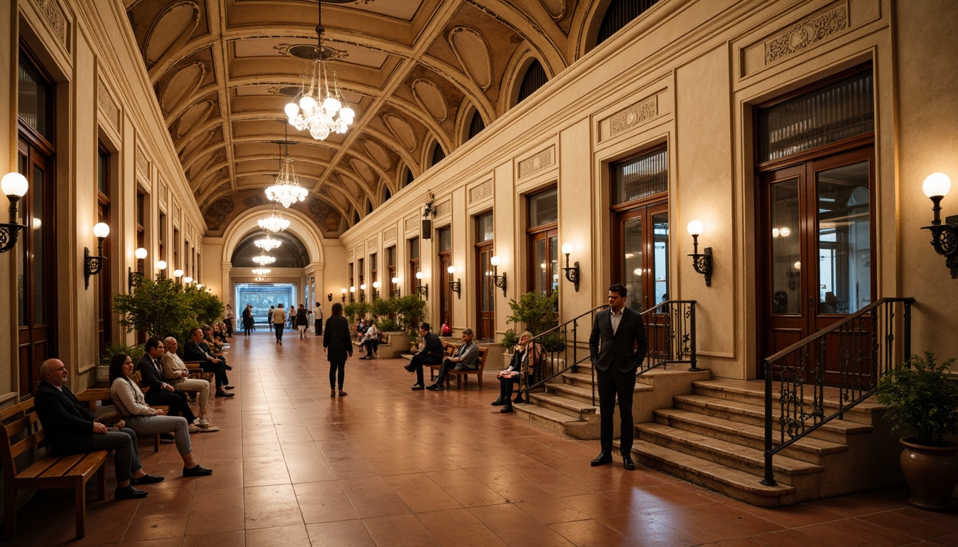 Prompt: Traditional metro station, high ceilings, ornate chandeliers, vintage train cars, granite flooring, terracotta tiles, warm beige walls, intricate moldings, wooden benches, classic lanterns, grand staircases, ornamental railings, earthy color palette, soft warm lighting, shallow depth of field, 1/2 composition, realistic textures, ambient occlusion.