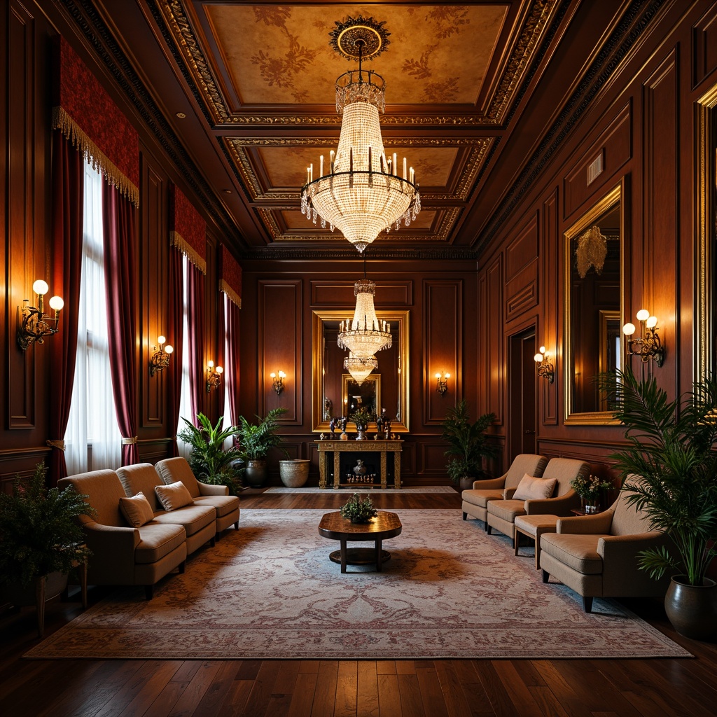 Prompt: Ornate home gym, lavish chandeliers, crystal drops, gilded frames, luxurious fabrics, velvet drapes, rich wood tones, antique mirrors, opulent furnishings, dramatic lighting, warm golden glow, soft shadows, 1/2 composition, intimate atmosphere, realistic reflections, subtle ambient occlusion.