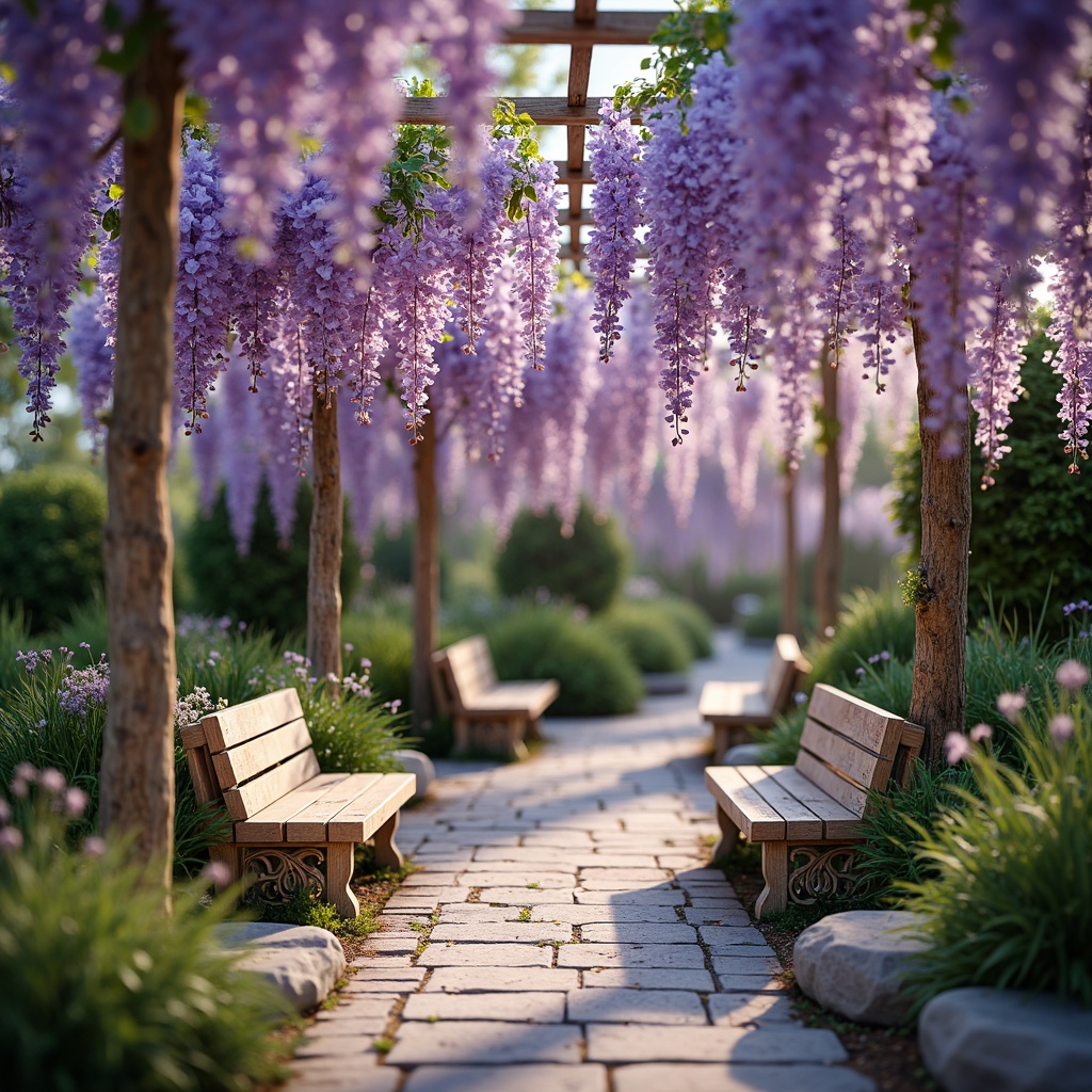 Prompt: Soft lavender Wisteria flowers, whimsical garden setting, delicate petals, pastel purple hues, gentle warm lighting, romantic ambiance, vintage ornate benches, lush greenery, rustic stone pathways, distressed wooden accents, subtle cream textures, elegant cursive fonts, soft focus, 1/2 composition, natural bokeh effect, dreamy atmosphere.