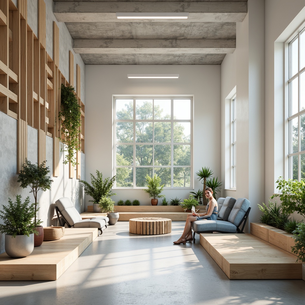 Prompt: Modern office interior, calm atmosphere, soothing color scheme, pastel hues, creamy whites, soft grays, blues and greens, natural wood accents, industrial metal elements, ergonomic furniture, collaborative workspaces, minimalist decor, abundant natural light, subtle texture variations, 1/1 composition, warm and inviting ambiance.