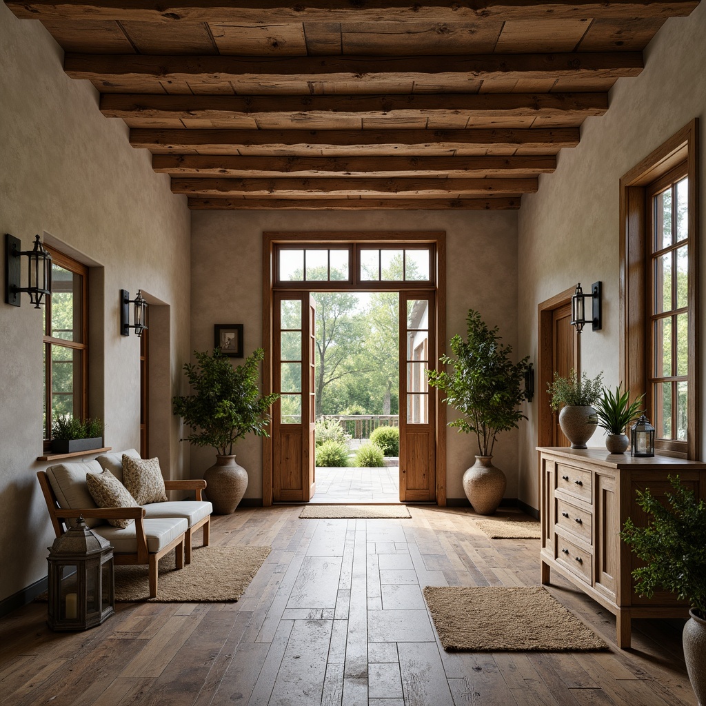 Prompt: Rustic farmhouse entrance, distressed wood flooring, reclaimed barnwood planks, weathered wooden beams, earthy tone color palette, natural stone accents, woven jute rugs, vintage metal lanterns, soft warm lighting, shallow depth of field, 1/1 composition, realistic textures, ambient occlusion.