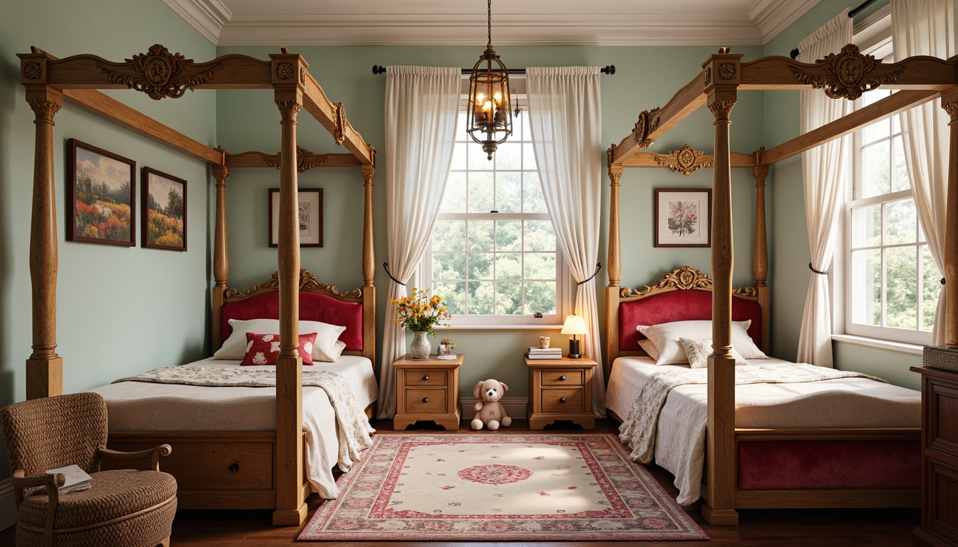 Prompt: \Whimsical kids' room, Victorian-inspired furniture, intricately carved wooden beds, plush velvet upholstery, ornate golden frames, delicate lace curtains, soft pastel colors, antique toys, vintage books, playful patterned rugs, cozy reading nooks, luxurious silk fabrics, intricate moldings, classic four-poster beds, distressed finishes, warm candlelight, shallow depth of field, 1/1 composition, realistic textures, ambient occlusion.\