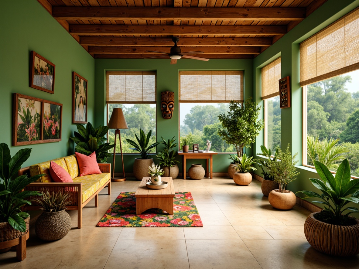 Prompt: Vibrant tropical interior, lush green walls, warm beige floors, exotic wood accents, rattan furniture, colorful tiki masks, bright floral patterns, bold coral hues, sunny yellow tones, soft mint greens, natural linen textures, woven bamboo shades, rustic wooden beams, relaxed coastal vibe, atmospheric misty lighting, shallow depth of field, 1/2 composition, realistic renderings, ambient occlusion.