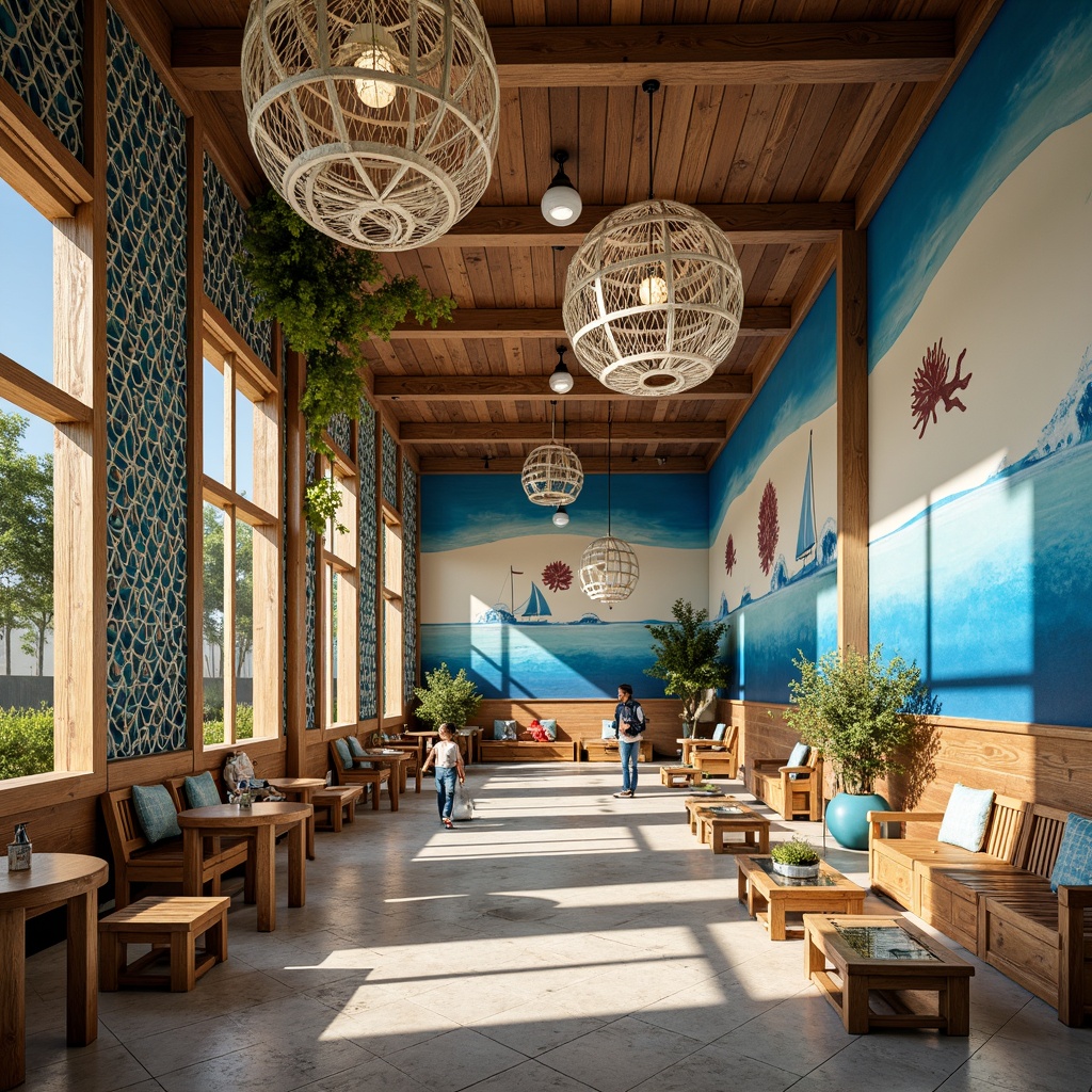 Prompt: Vibrant oceanic colors, coral reef patterns, wooden sailboat-inspired walls, fishing net textures, seashell decorations, driftwood accents, nautical rope details, marine-life murals, sunny coastal atmosphere, soft warm lighting, shallow depth of field, 1/1 composition, realistic ocean waves, ambient occlusion, community center signage, wooden benches, glass tables, comfortable lounge seating, interactive exhibits, educational displays, coral-inspired sculptures, aquatic-themed art pieces.