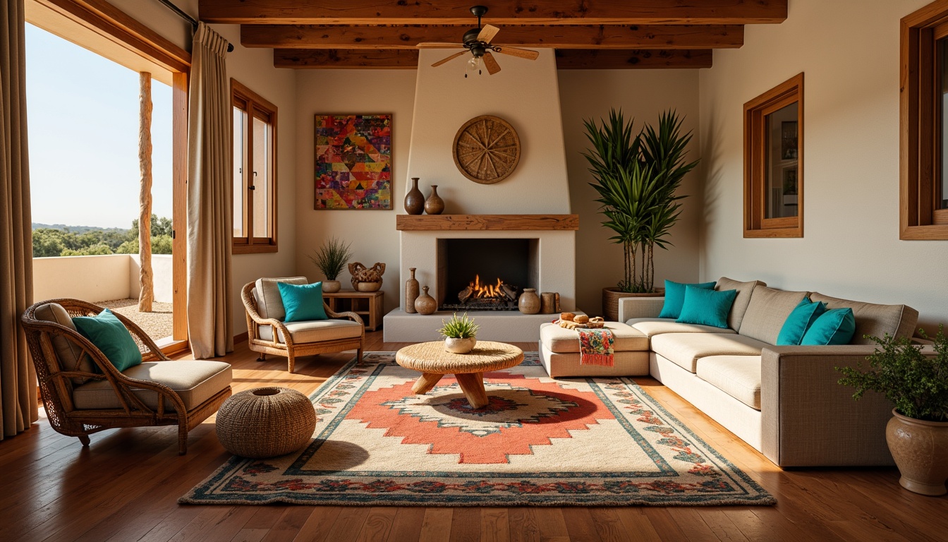 Prompt: Cozy Southwestern living room, warm beige walls, rustic wooden flooring, plush sectional sofa, vibrant turquoise accents, colorful Navajo-inspired blankets, woven wicker coffee table, natural stone fireplace, earthy ceramic vases, cacti plants, sunny day, soft warm lighting, shallow depth of field, 3/4 composition, realistic textures, ambient occlusion.