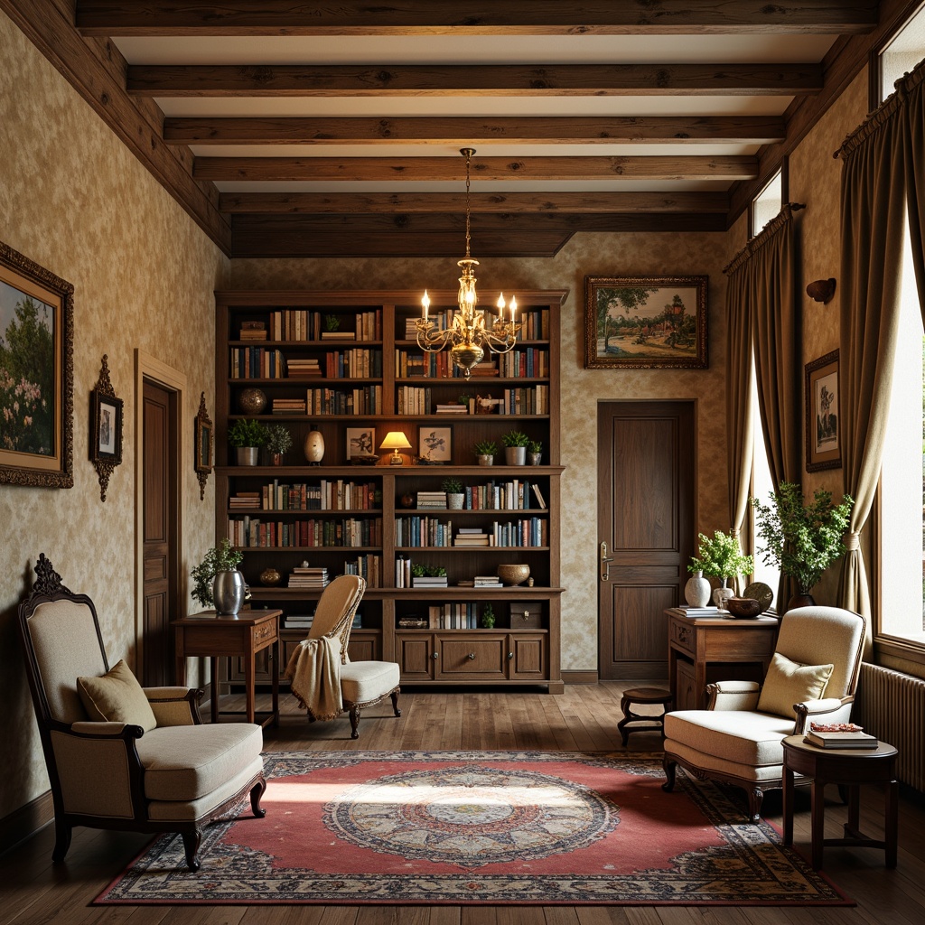 Prompt: Rustic library, distressed wooden shelves, vintage book collections, soft warm lighting, plush velvet armchairs, ornate wooden desks, classic French country style decor, floral patterns, rich tapestries, subtle golden accents, cozy reading nooks, stone walls, wooden flooring, traditional wooden doors, elegant chandeliers, cream-colored walls, natural fabrics, linen upholstery, vintage book bindings, leather-bound tomes, quiet atmosphere, warm beige tones, shallow depth of field, 1/1 composition.