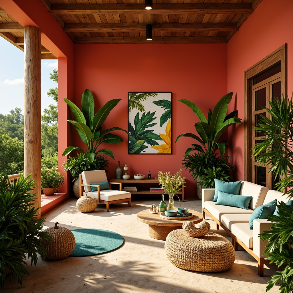 Prompt: Vibrant tropical interior, bright coral walls, lush green foliage, exotic wood accents, rattan furniture, natural fiber textiles, warm sandy beige floors, sunny yellow highlights, soft turquoise accessories, ocean-inspired blues, palm tree patterns, botanical prints, bold colorful artwork, eclectic global decor, cozy ambient lighting, shallow depth of field, 1/1 composition, realistic textures.