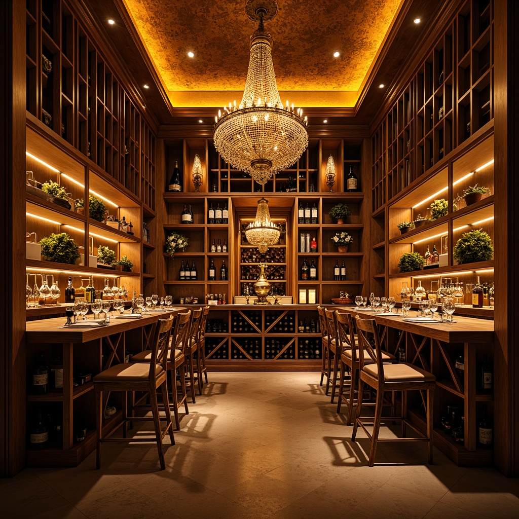 Prompt: Luxurious wine cellar, ornate metalwork, crystal chandeliers, warm golden lighting, ambient LED strips, dramatic spotlights, rich wood paneling, geometric patterns, metallic accents, velvety smooth textures, elegant glassware, antique fixtures, lavish furnishings, opulent atmosphere, soft warm glow, cinematic ambiance, low-key backlighting, 3/4 composition, realistic reflections, high-end materials.