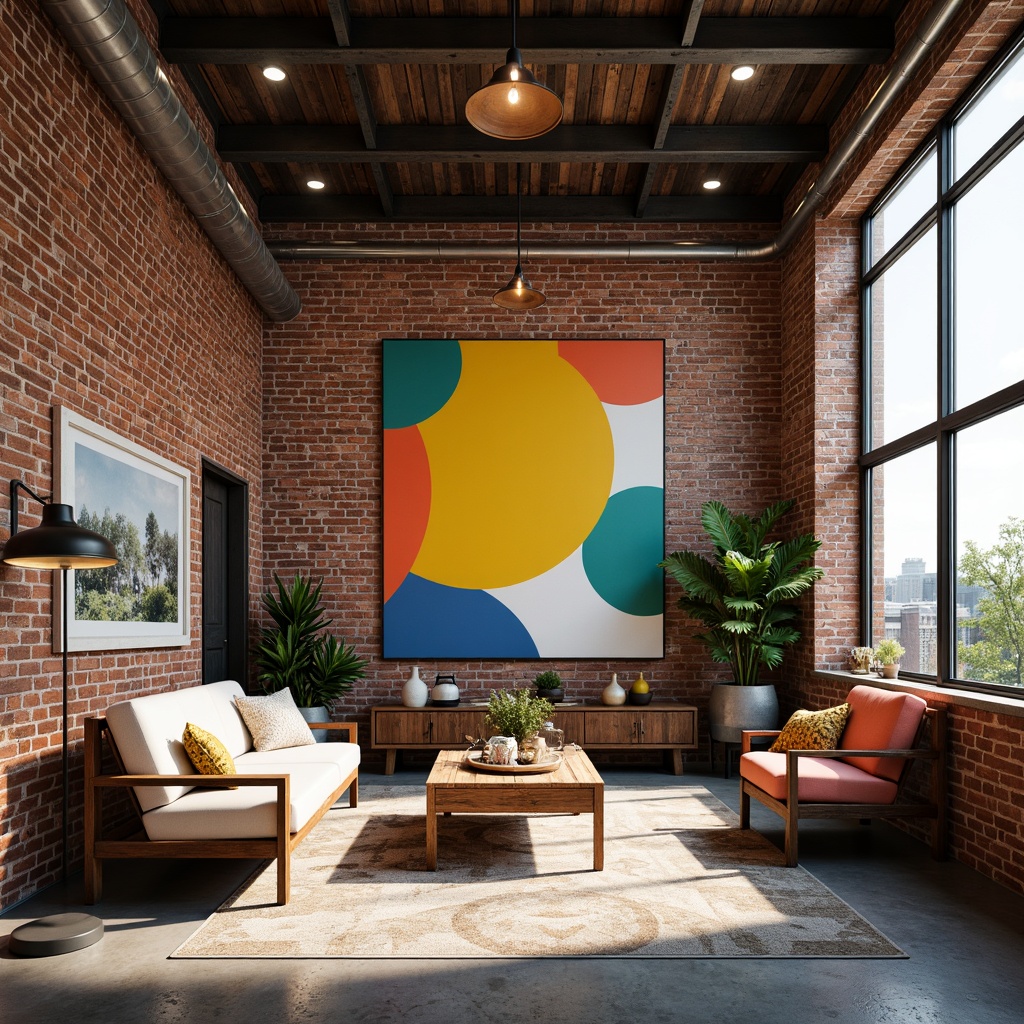 Prompt: Exposed brick walls, industrial metal beams, polished concrete floors, vibrant color accents, bold graphic patterns, eclectic furniture, reclaimed wood decor, urban loft atmosphere, natural light pouring in, softbox lighting, 1/1 composition, shallow depth of field, realistic textures, ambient occlusion.