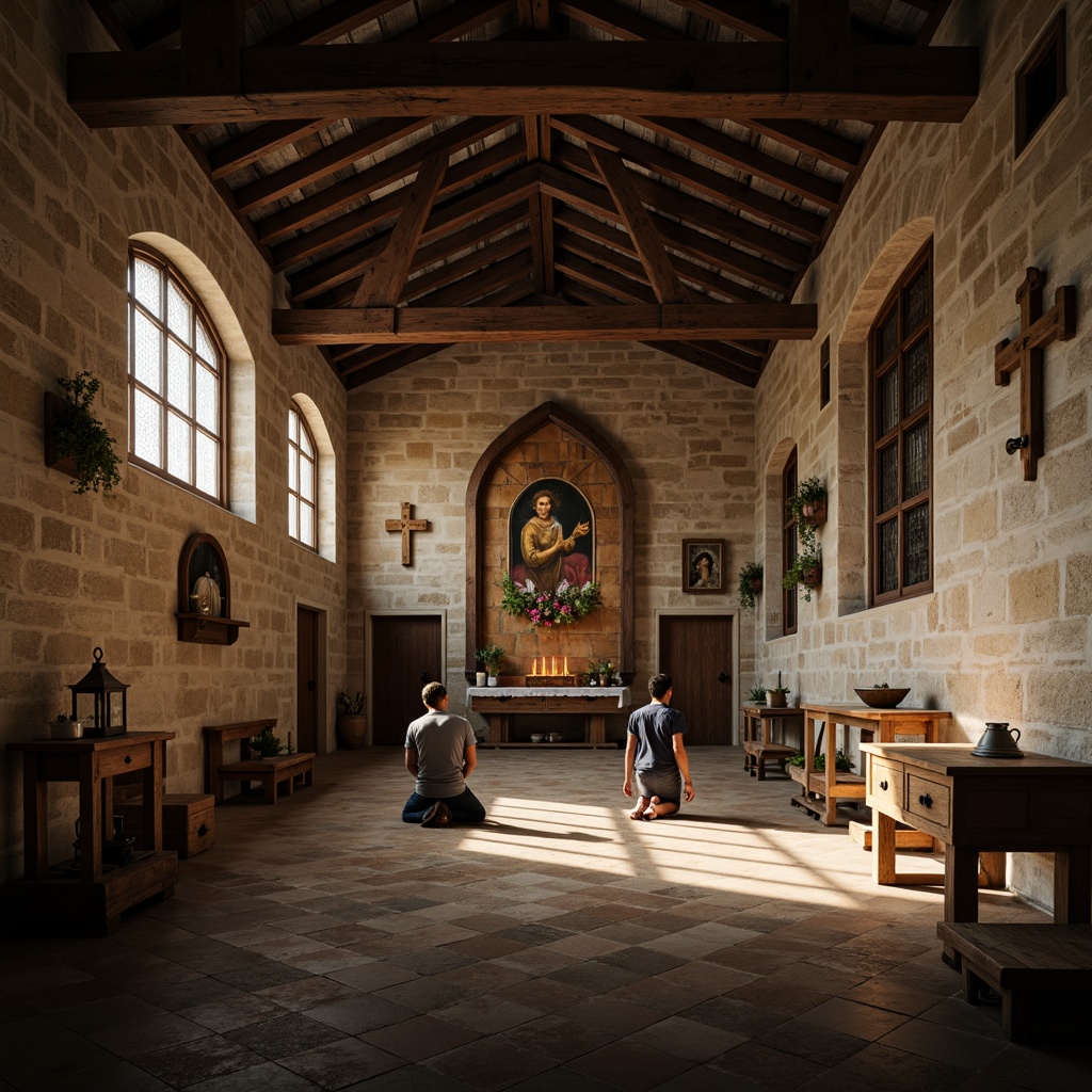 Prompt: Rustic monastery setting, stone walls, wooden accents, minimalist decor, natural materials, earthy tones, candles, sacred symbols, vaulted ceilings, stained glass windows, ornate carvings, wooden benches, prayer kneelers, rustic wooden tables, vintage lanterns, soft warm lighting, 1/1 composition, realistic textures, ambient occlusion, serene atmosphere.