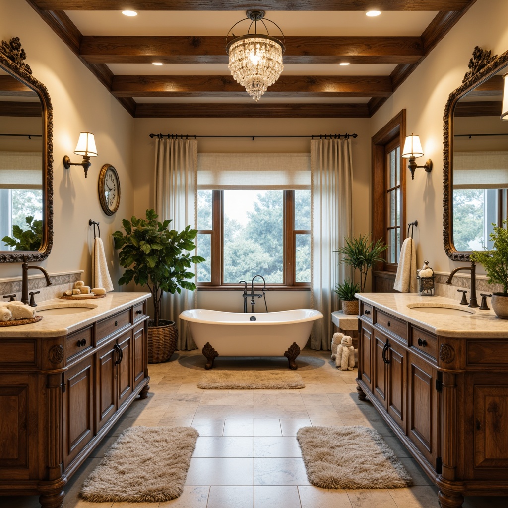 Prompt: Rustic French country style bathroom, distressed wood vanities, ornate metal fixtures, soft cream marble countertops, elegant cabinetry, decorative molding, antique bronze faucets, vintage-inspired mirrors, floral patterned tiles, warm beige walls, natural stone flooring, plush area rugs, dimmable crystal chandeliers, spa-like ambiance, freestanding tubs, separate walk-in showers, rain showerheads, body sprays, heated floors, soft warm lighting, 1/2 composition, intimate setting.