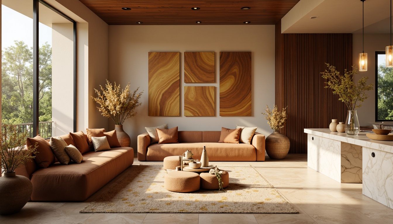 Prompt: Cozy living room, warm beige walls, rich wood accents, plush velvet sofas, soft golden lighting, creamy white marble countertops, natural fiber rugs, earthy terracotta planters, delicate flower patterns, serene atmosphere, 1/1 composition, shallow depth of field, realistic textures, ambient occlusion.