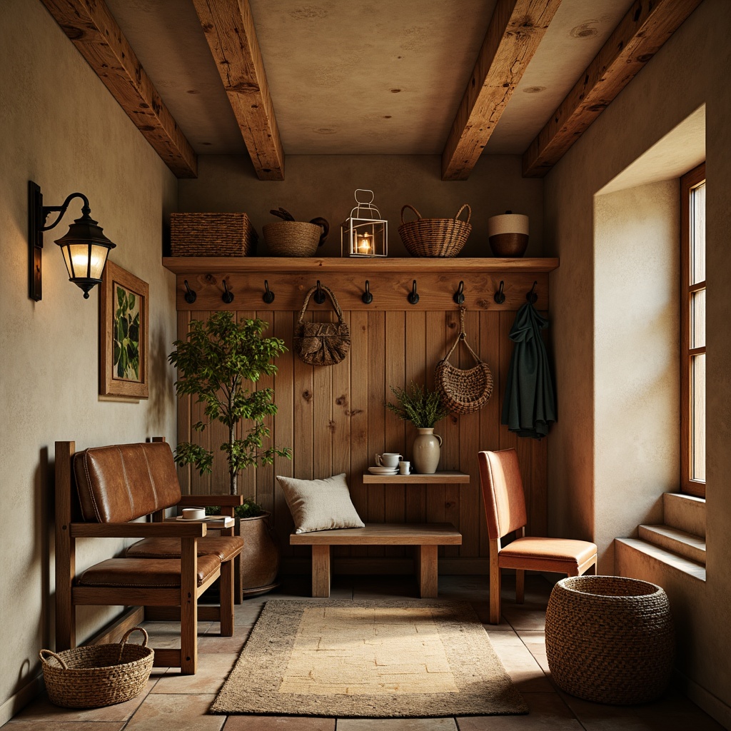 Prompt: Rustic mudroom, earthy tones, warm beige walls, distressed wood accents, vintage metal decor, rich leather furniture, natural stone flooring, woven baskets, antique hardware, soft candlelight, warm golden lighting, shallow depth of field, 1/2 composition, realistic textures, ambient occlusion, Renaissance-inspired color palette, muted greens, terracotta reds, creamy whites, weathered wood tones, luxurious fabrics, ornate metalwork, elegant lanterns.