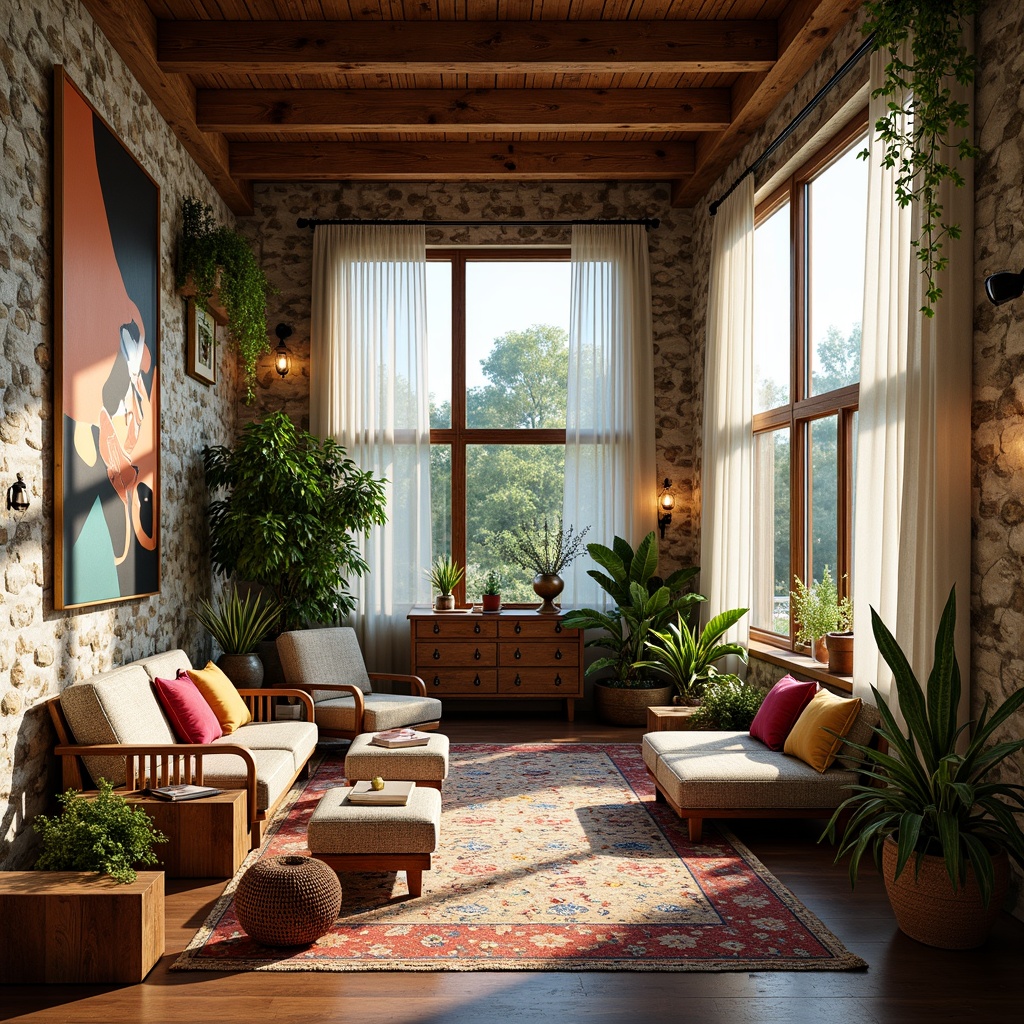 Prompt: Vibrant eclectic interior, natural stone walls, reclaimed wood accents, vintage furniture pieces, colorful textile patterns, lush greenery, floor-to-ceiling windows, sheer curtains, soft warm lighting, sunny day, indirect illumination, 1/1 composition, realistic textures, ambient occlusion, cozy reading nooks, plush area rugs, eclectic artwork collections, statement light fixtures, unique decorative accessories.