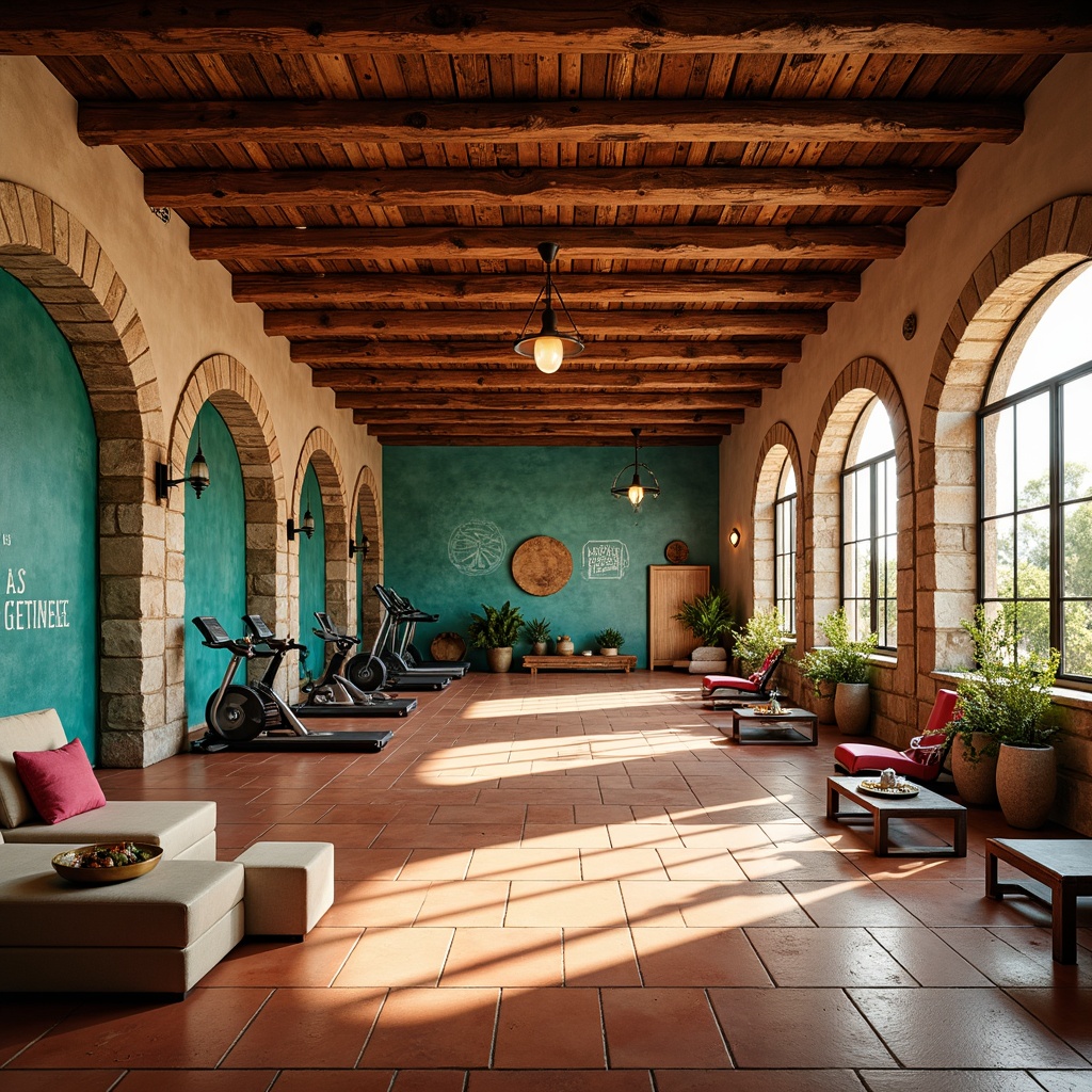 Prompt: Warm Mediterranean gymnasium, terracotta flooring, wooden accents, rustic stone walls, arched windows, ironwork details, vibrant turquoise hues, distressed wood beams, natural light pouring in, soft warm lighting, shallow depth of field, 3/4 composition, athletic equipment, free weights, treadmills, exercise bikes, mirrored walls, inspirational quotes, Mediterranean-inspired patterns, colorful textiles, woven baskets.