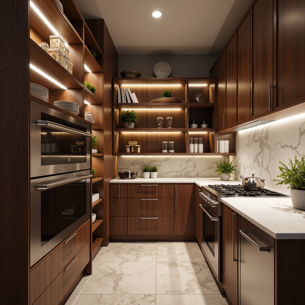 Prompt: Modern pantry interior, sleek cabinetry, handle-free doors, soft-close drawers, rich wood tones, matte finishes, minimalist hardware, LED lighting, ambient glow, spacious shelving, clever storage solutions, marble countertops, stainless steel appliances, polished chrome accents, natural stone flooring, urban loft atmosphere, warm neutral colors, shallow depth of field, 1/1 composition, realistic textures.