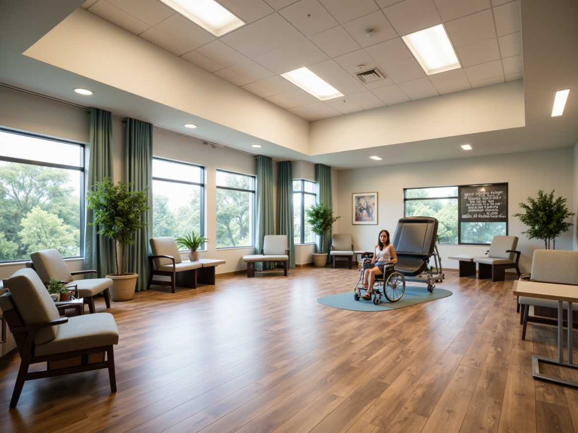 Prompt: Rehabilitation center interior, wheelchair-accessible paths, calming color scheme, natural light, comfortable seating areas, adjustable therapy tables, supportive equipment, motivational quotes, inspirational artwork, soothing music, gentle lighting, minimal clutter, circular layout, easy navigation, non-slip flooring, adaptive furniture, ergonomic design, warm wood tones, quiet atmosphere, peaceful ambiance, 1/1 composition, soft focus, shallow depth of field.